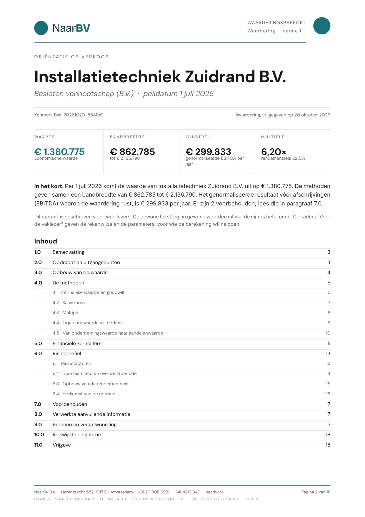 Voorbeeld van een NaarBV-waarderingsrapport voor de fictieve onderneming Installatietechniek Zuidrand B.V.: waarde €&nbsp;1.380.775, bandbreedte €&nbsp;862.785 tot €&nbsp;2.136.790.